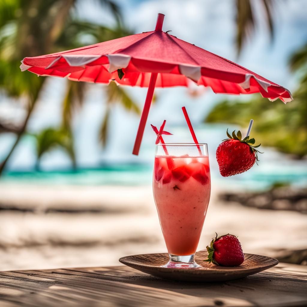 Coconut Drink with Strawberry on Sandy Beach