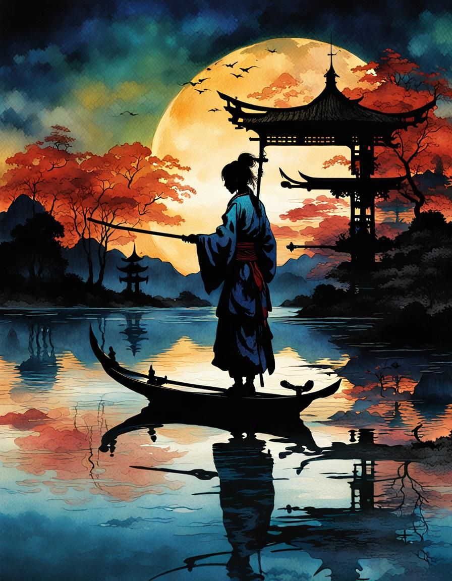 Surreal Samurai Warrior on Serene Lake at Night