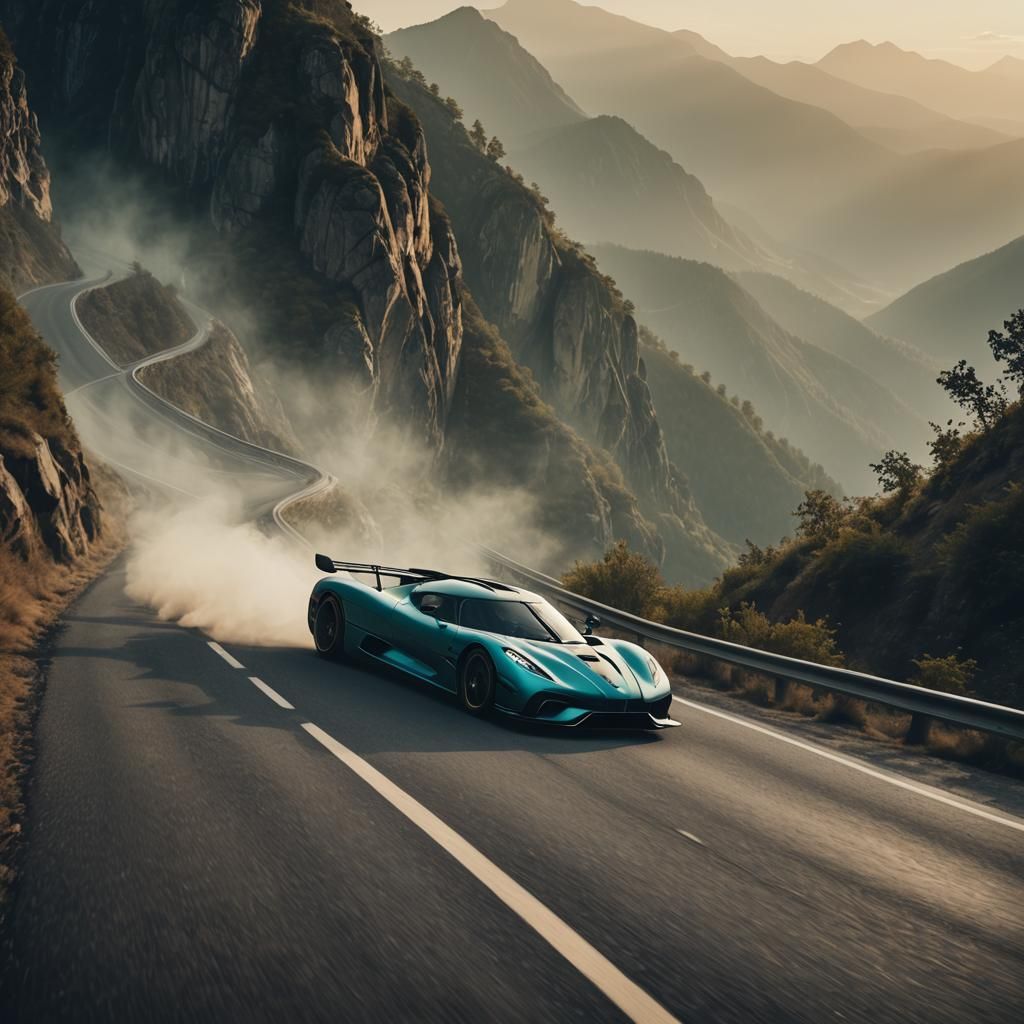 Koenigsegg Jesko on Misty Mountain Road at Sunset
