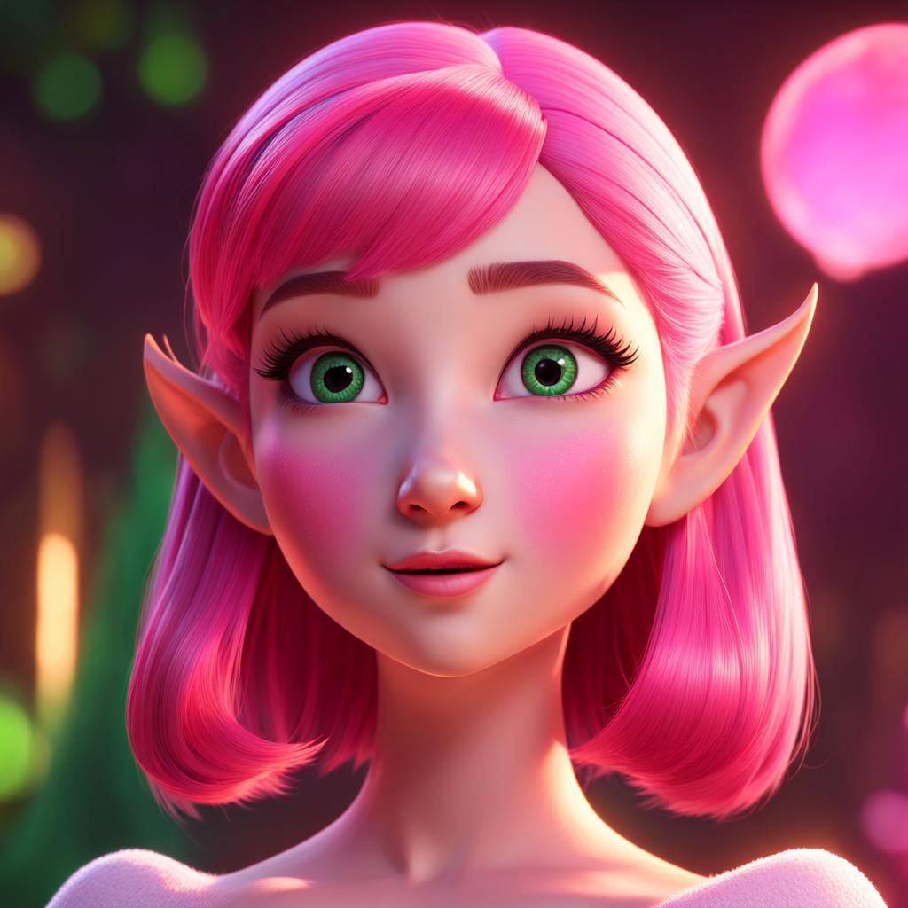 Pixar-Style Elf Girl with Pink Hair and Eyes