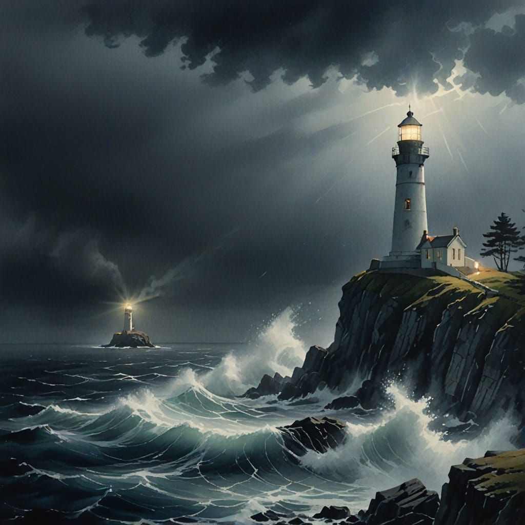 Lighthouse on Stormy Sea in Watercolor Style