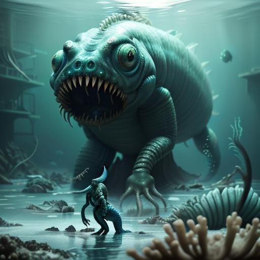 Humanoid Sea Monster in Abandoned Lab, Hyperrealistic