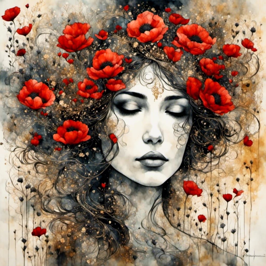 Poppy Lady in Art Brut Style with Golden Details