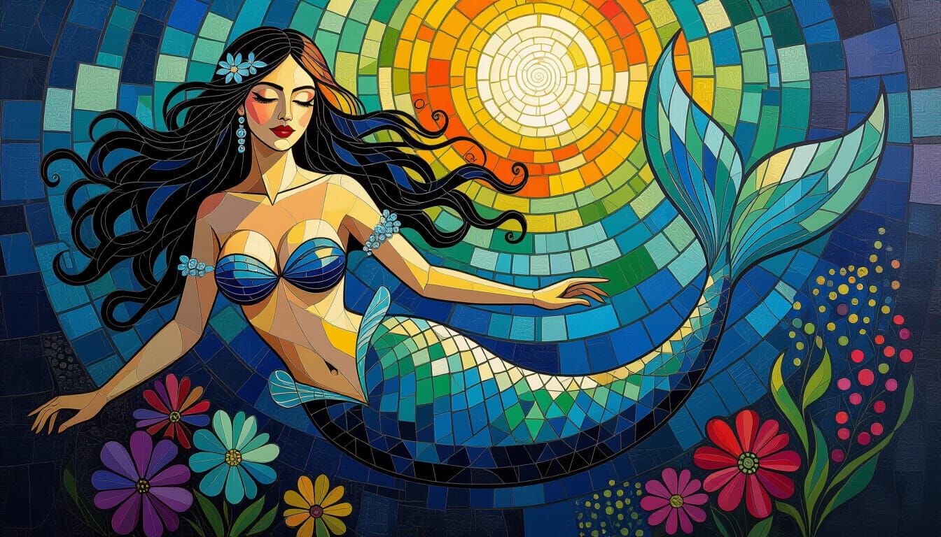 Borealis Mosaic Mermaid in Detailed Macabre Realism