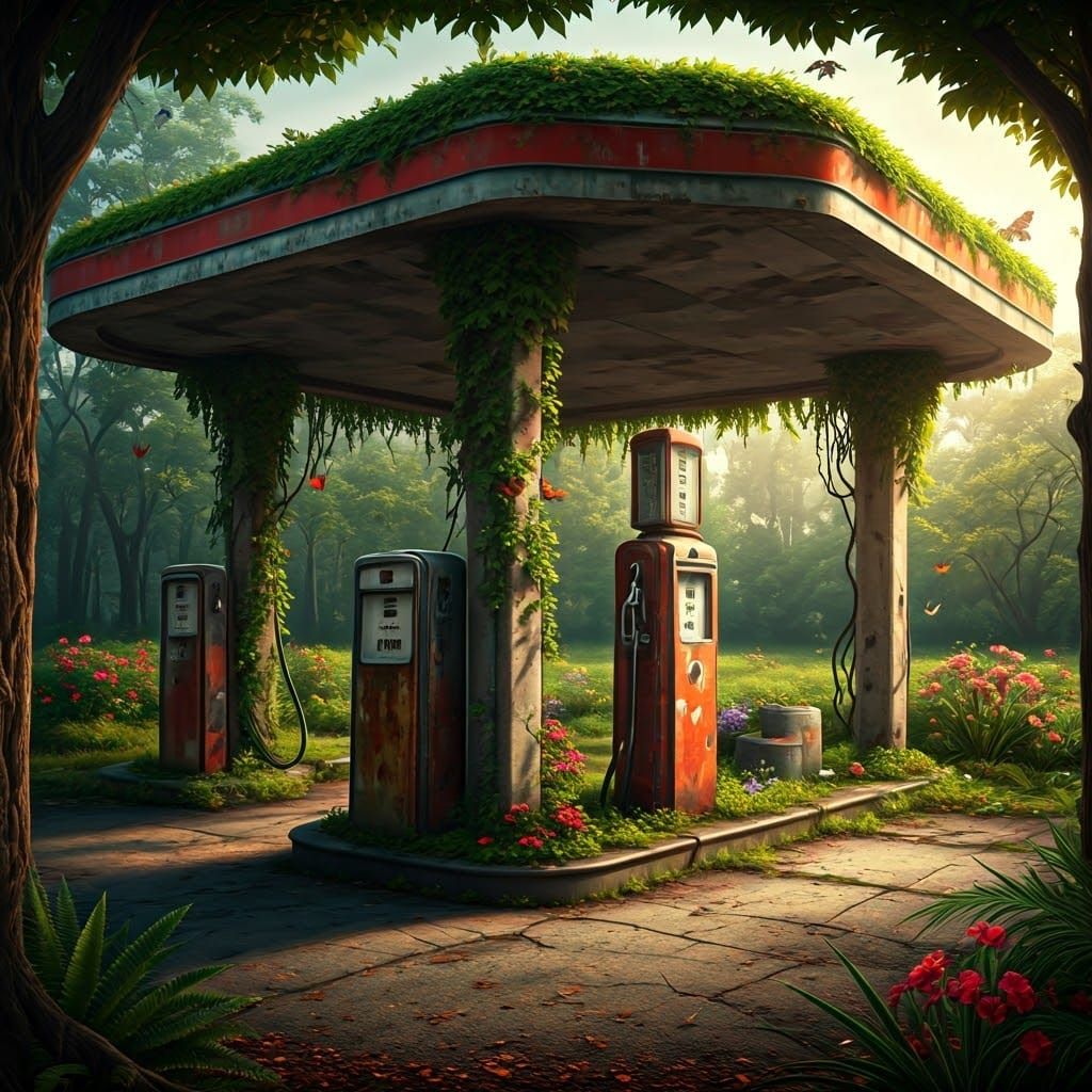 Hyper-Realistic Oasis: Vintage Gas Station Reclaimed by Natu...