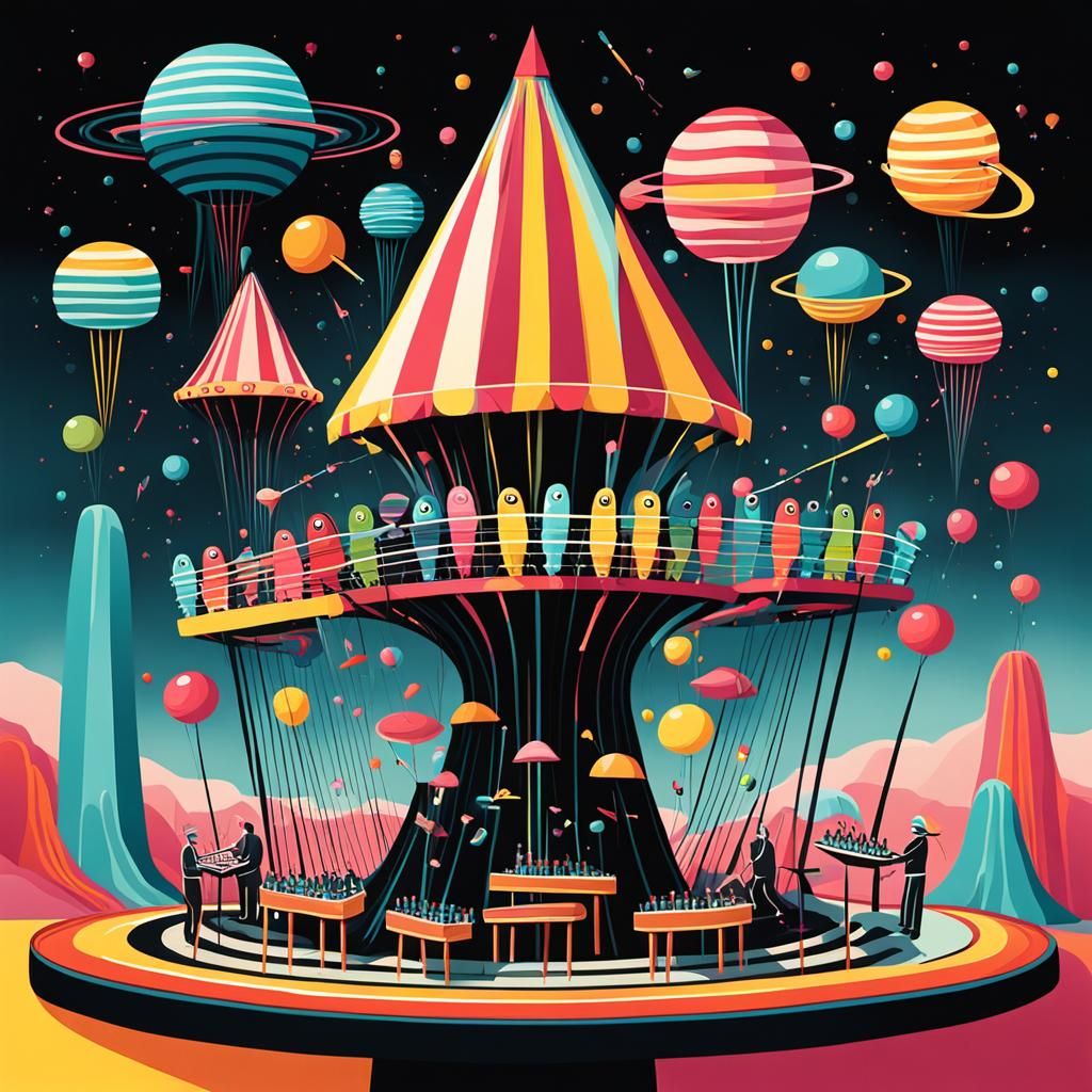 Surreal Alien Orchestra at a Colorful Funfair