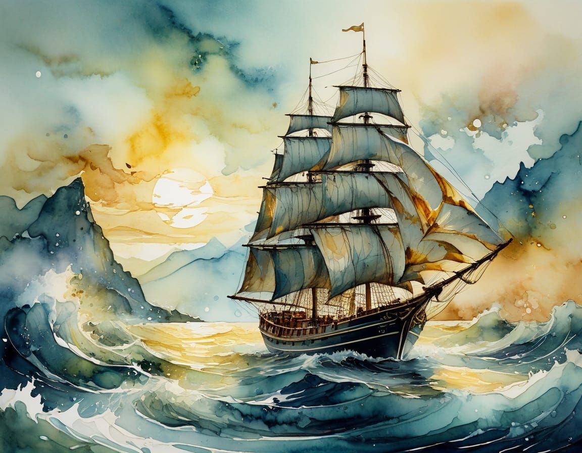 Watercolor Sailing Boat in Golden Light