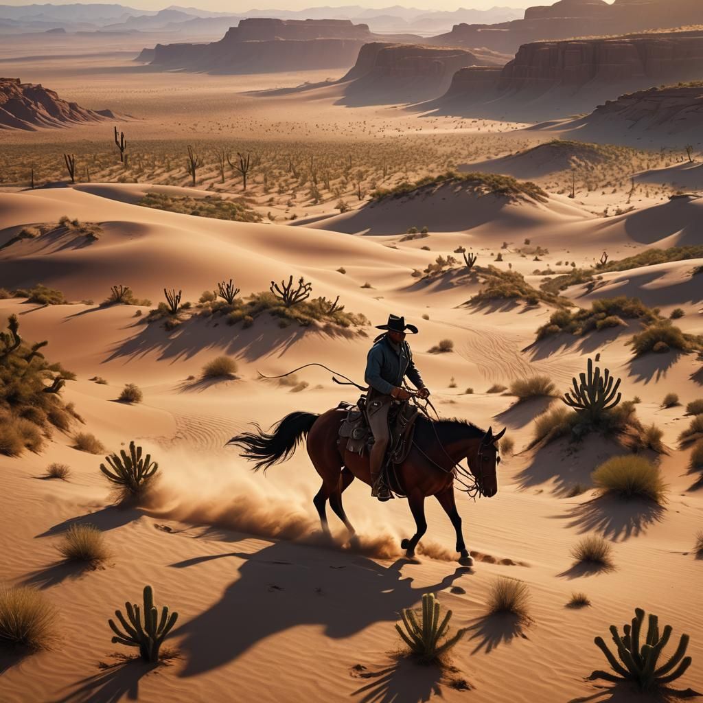 Cowboy riding through a dusty desert landscape