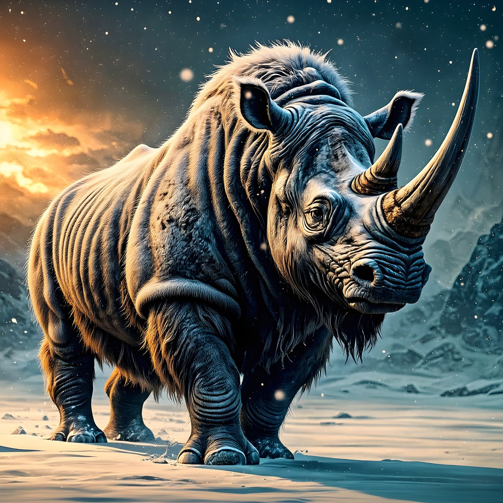 Woolly Rhino Charging Through Snow, Digital Art