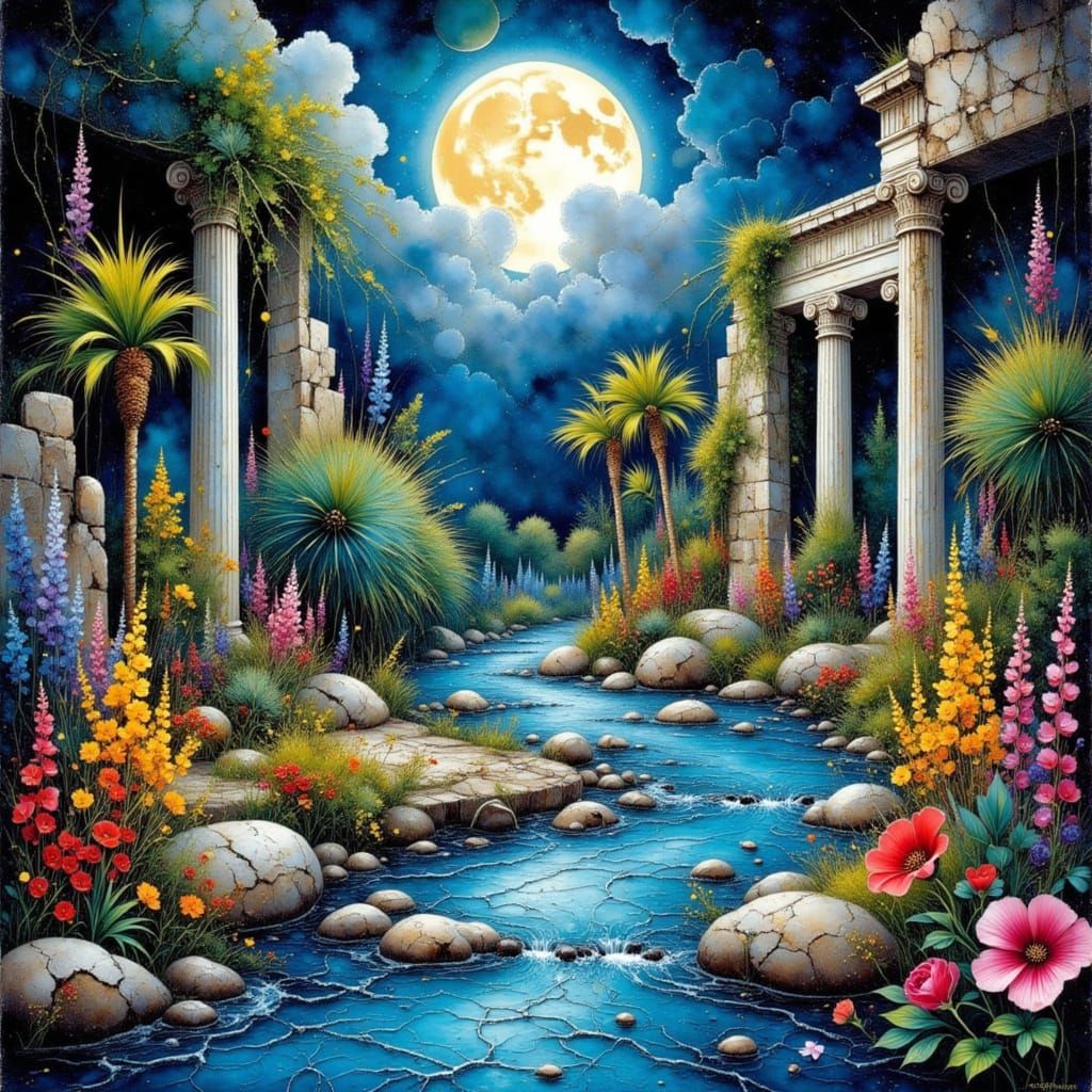 Blue River Ruins under Moonlight in Storybook Style
