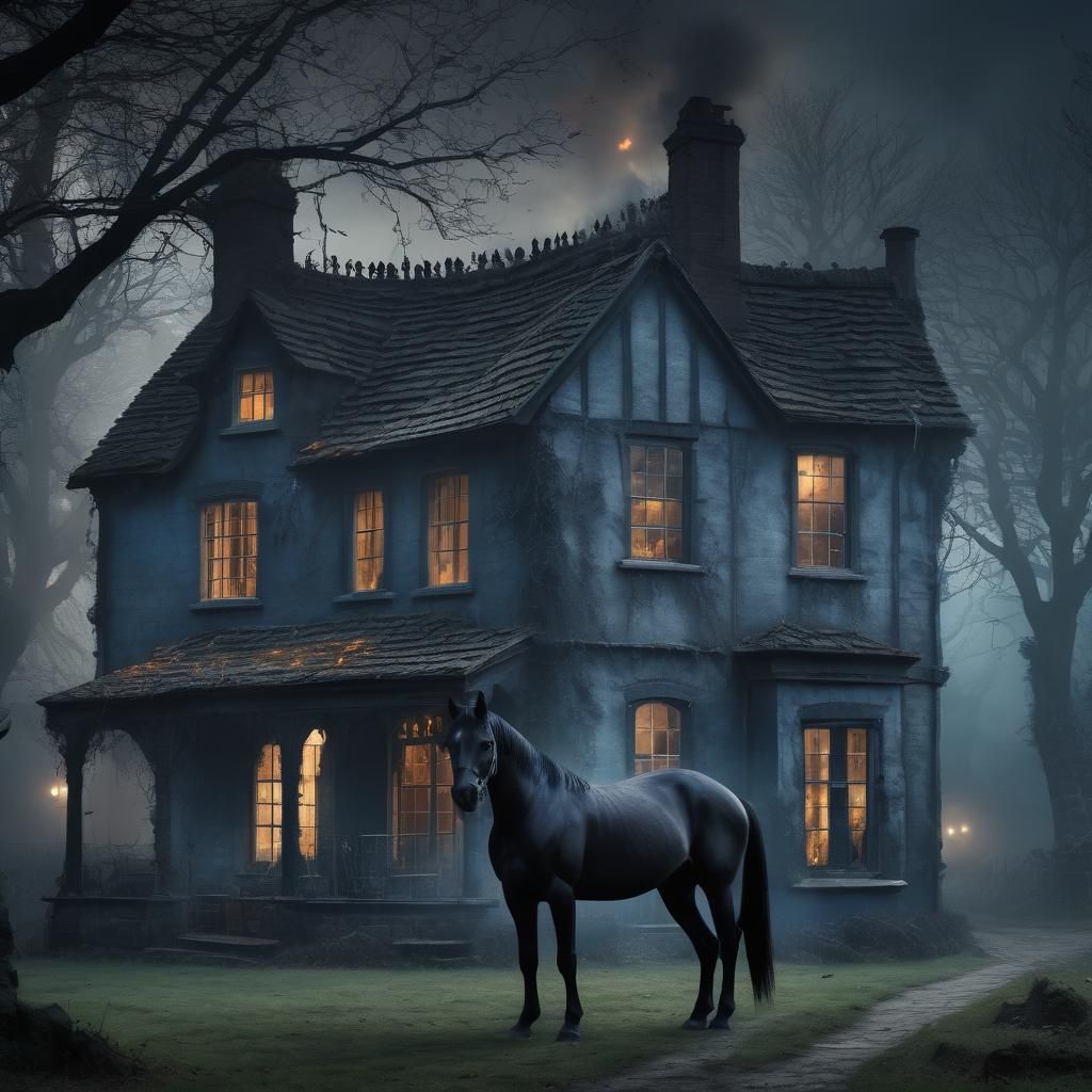 Ominous Black Horse in Foggy Village
