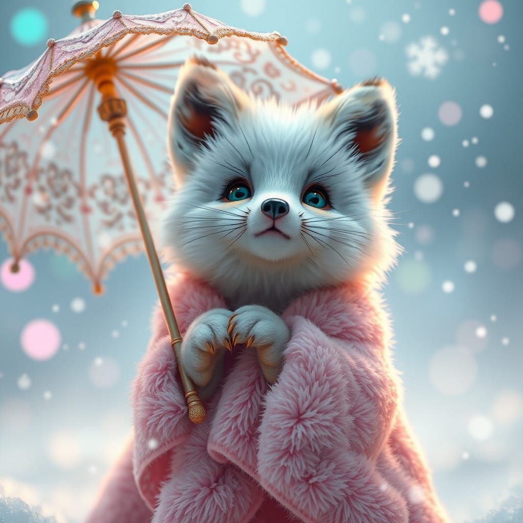 Ethereal Baby Fox Under Rainbow Snowfall in Whimsical Wonder...