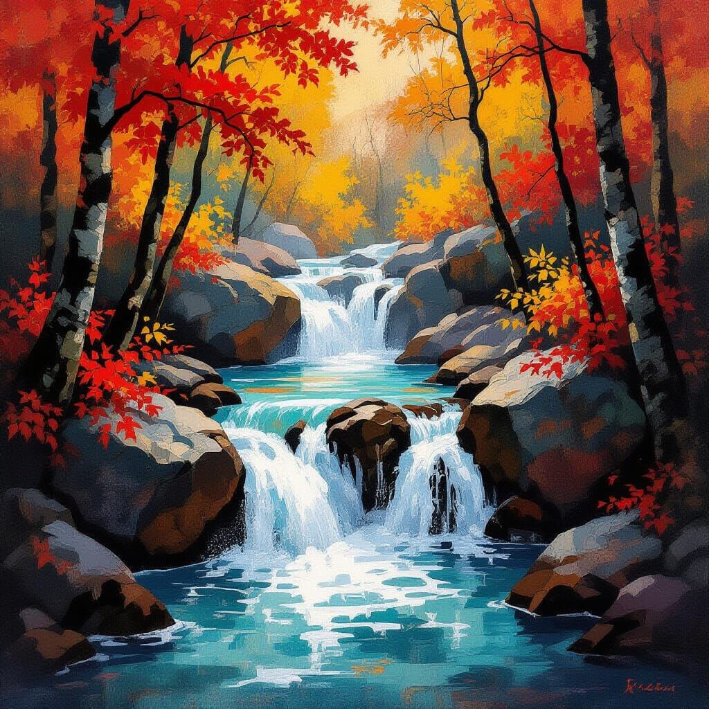 Autumn Waterfalls in Egon Schiele Style