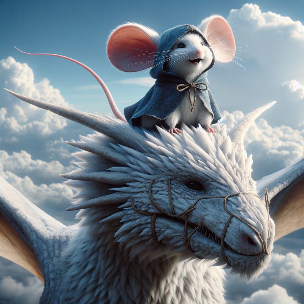 Joyful Medieval Mouse Soars on a Majestic White Dragon