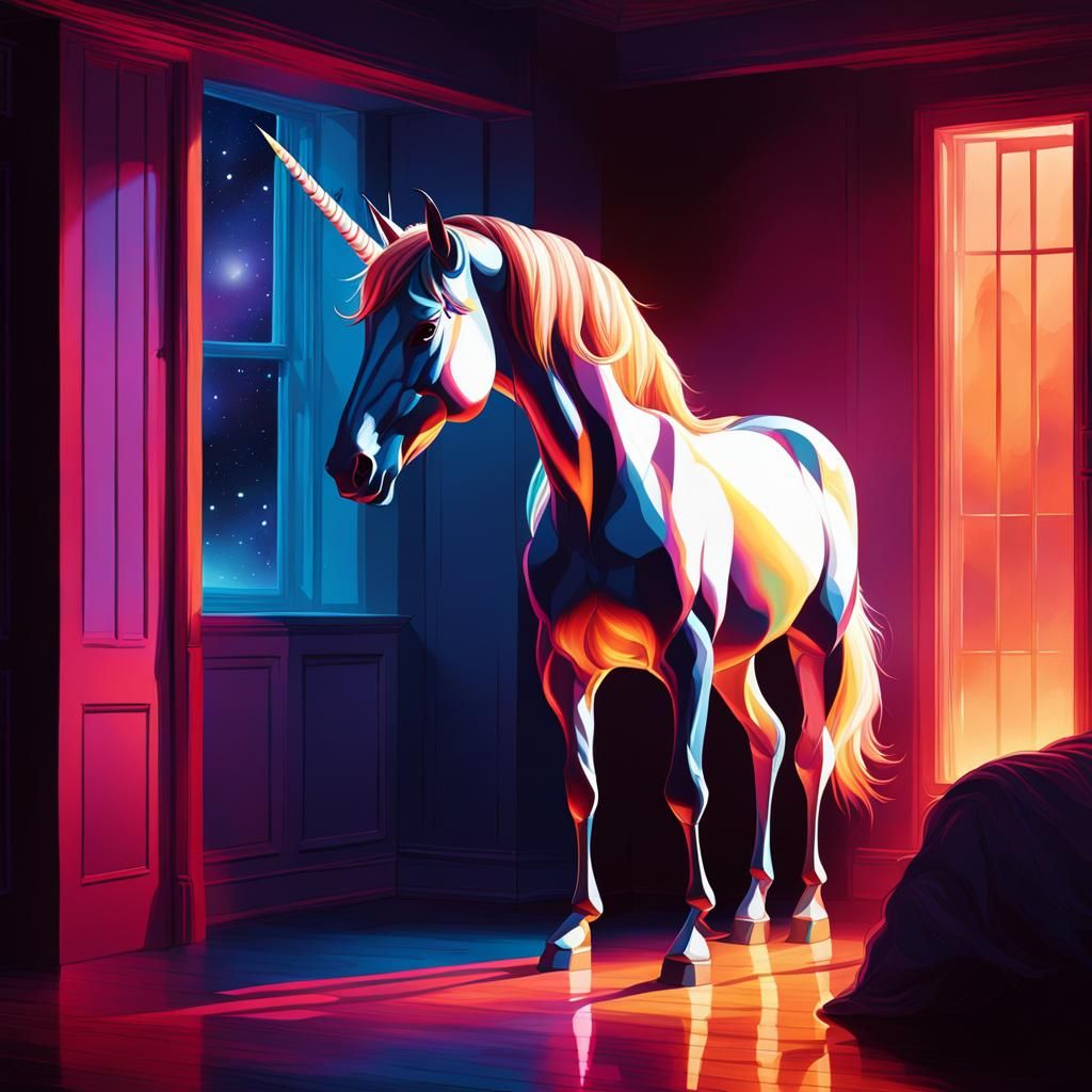 Ethereal Unicorn in Dark Bedroom, Syd Mead Airbrush Art