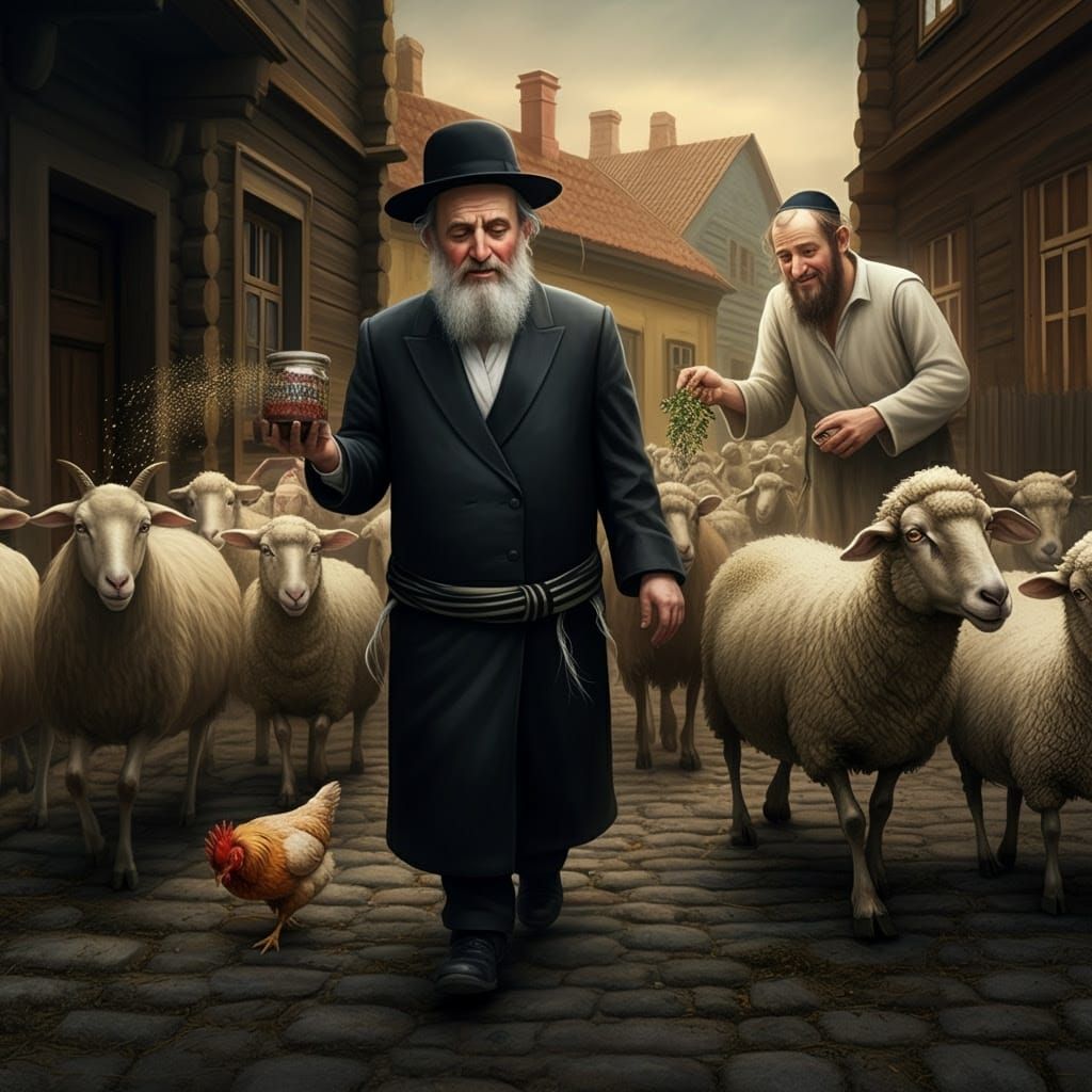 Rabbi in Traditional Attire Walks with Confused Farm Animals...