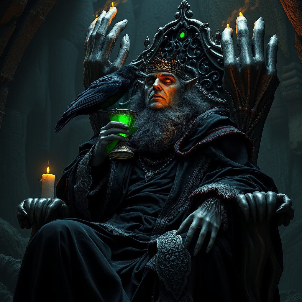 Dark King Sipping Poison with Raven in Gothic Art