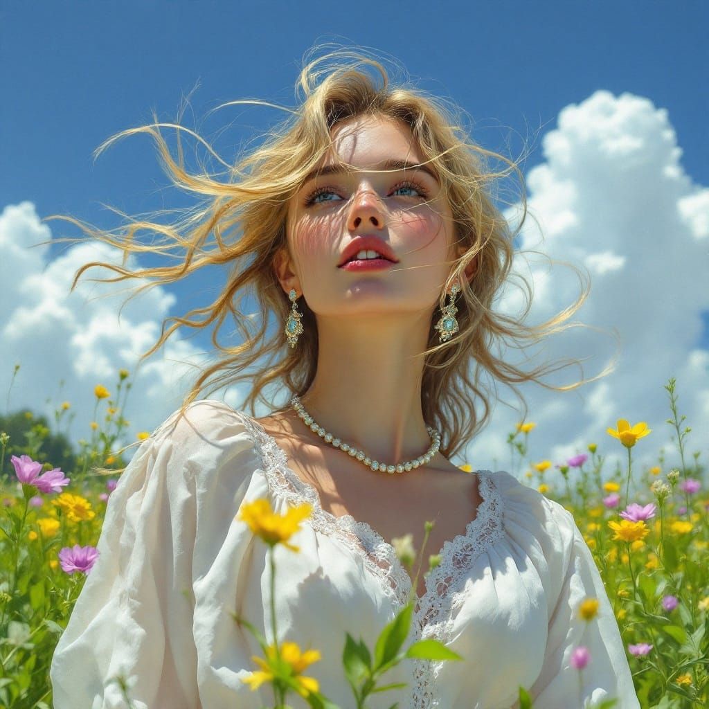 Dreamlike Young Woman in Verdant Field
