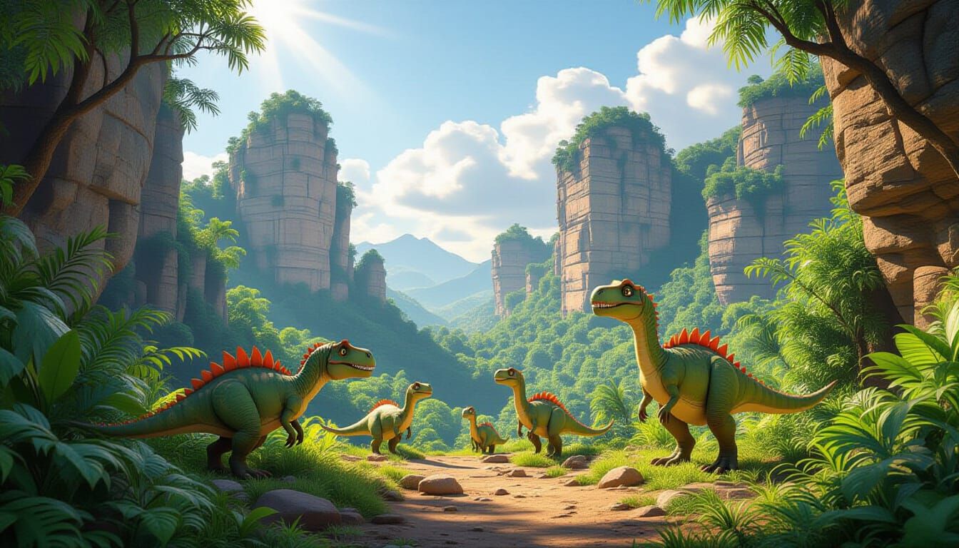 Pixar Style Jurassic Landscape with Small Dinosaurs