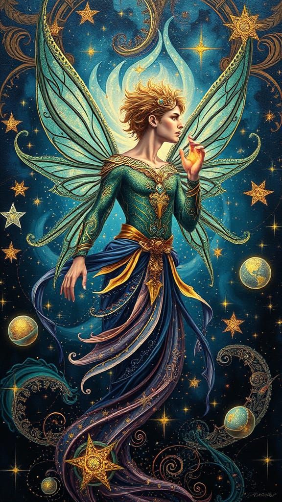 Fairy Alchemists Star Dust Moebius contrasting colors deep color art Nouveau detailed painting expressionism brocade fil...