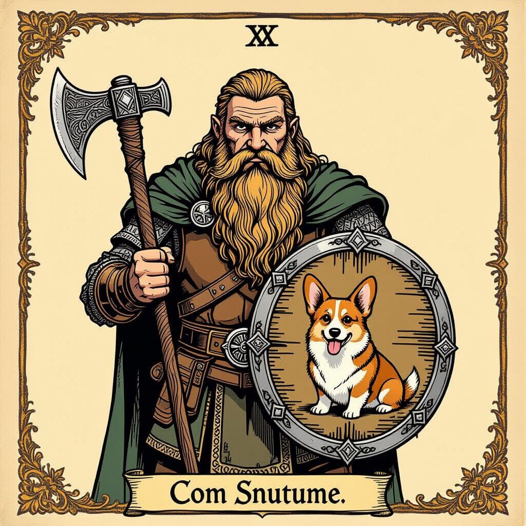 Gimli Tarot Card With Corgi Shield & Axe