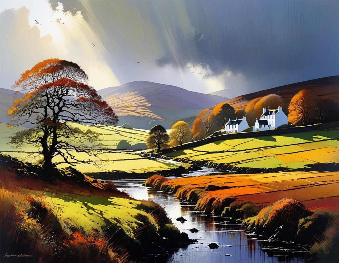Scottish Autumn Landscape After Rain, Watercolor Style