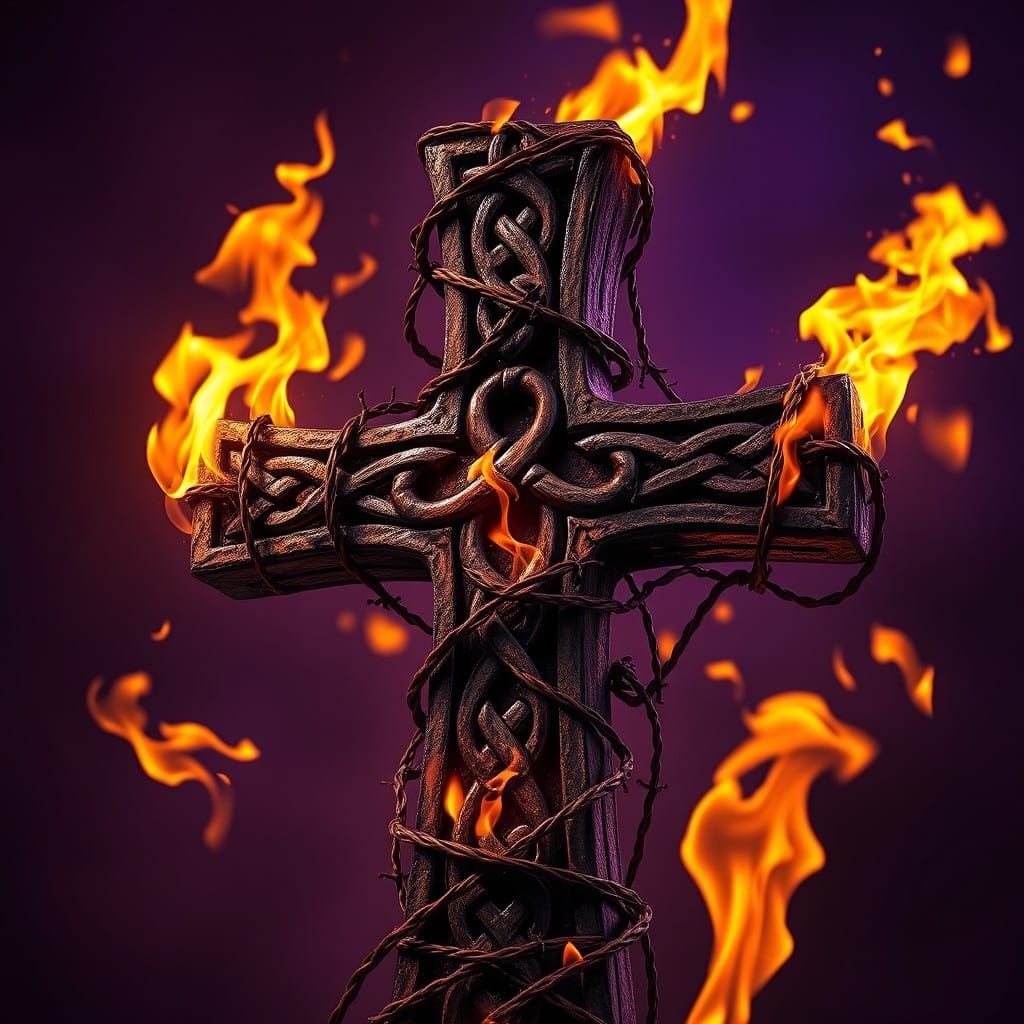 Ancient Celtic Cross in Fiery Barbed Wreath