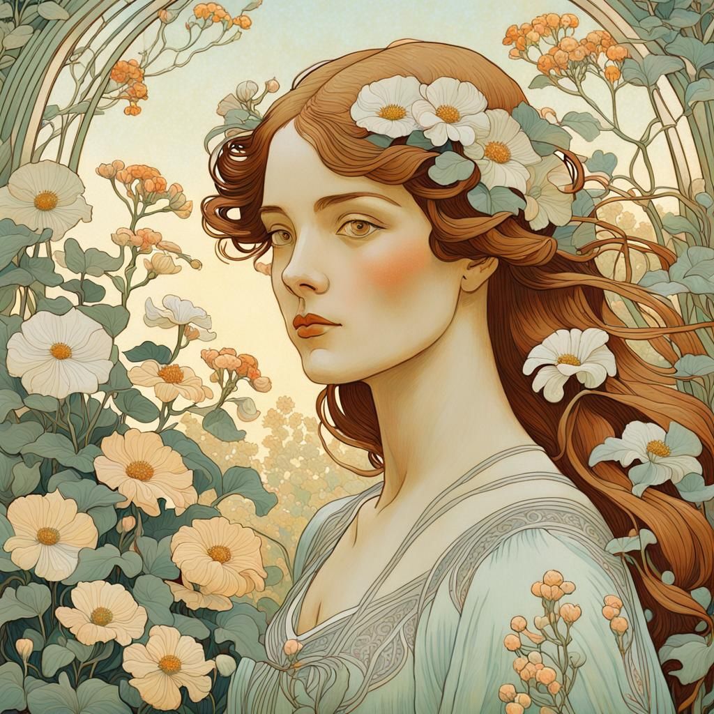 Art Nouveau Girl in a Serene Garden