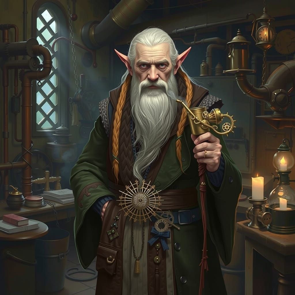 Dark Elven Steampunk Inventor in Foggy Workshop