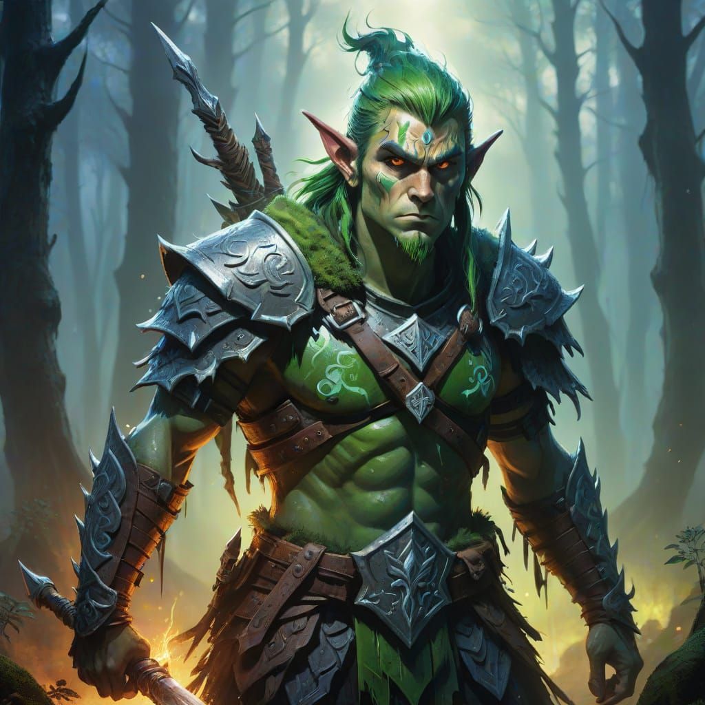 Rugged Elf Warrior in Misty Forest, Ed Hardy Style