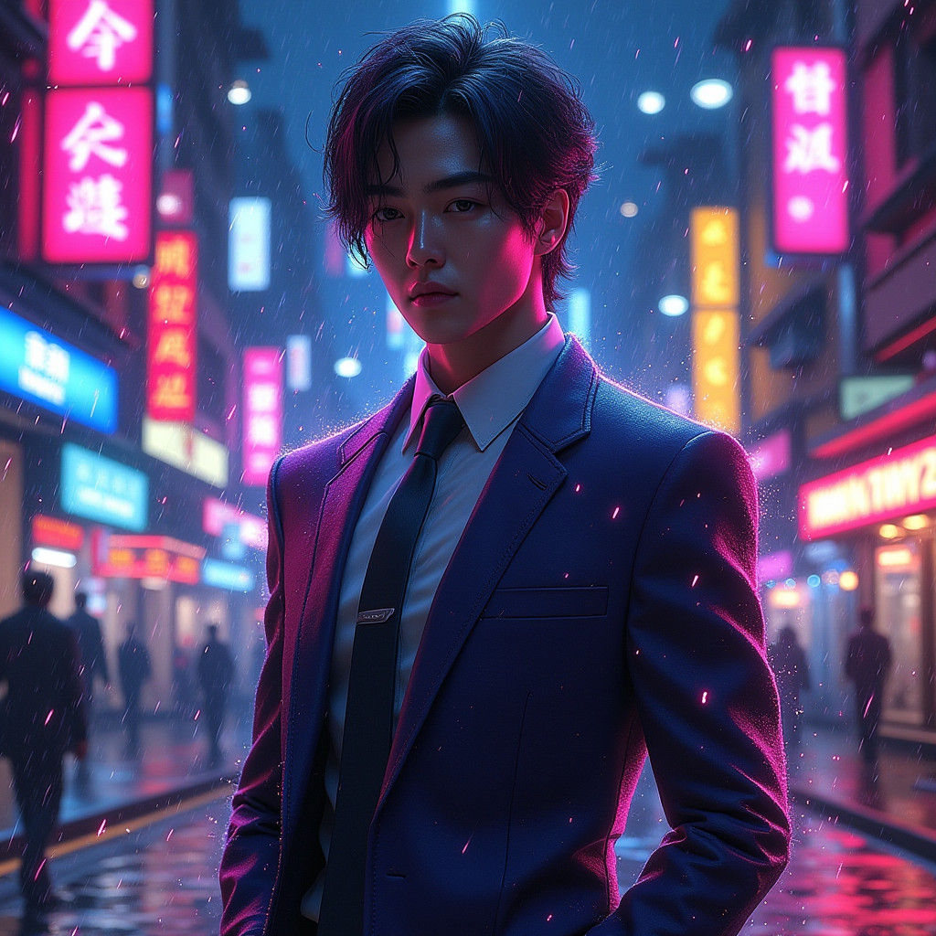 Asian Banker in Futuristic Cityscape: Manhwa Style