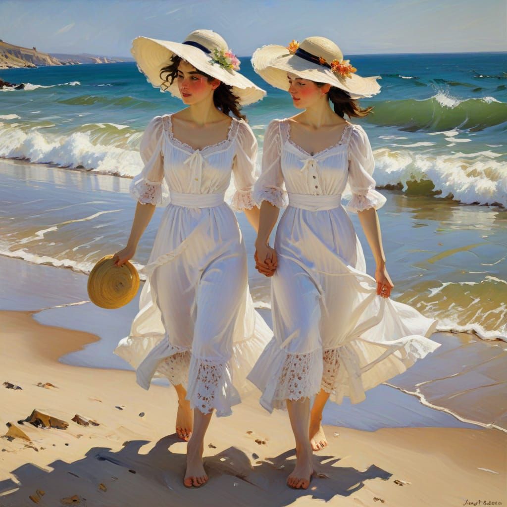 Elegant Women in White Lace on Seaside Promenade