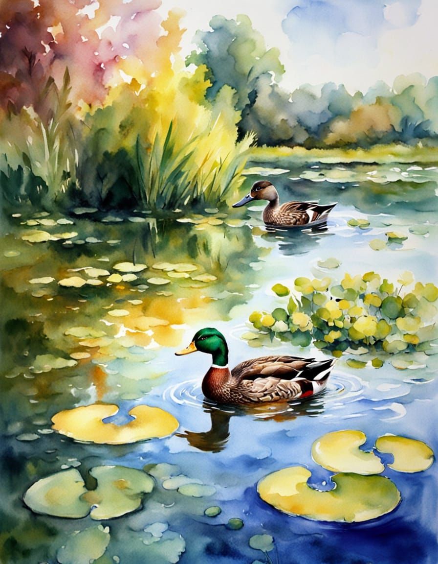Whimsical Watercolor Scene of a Duck Family