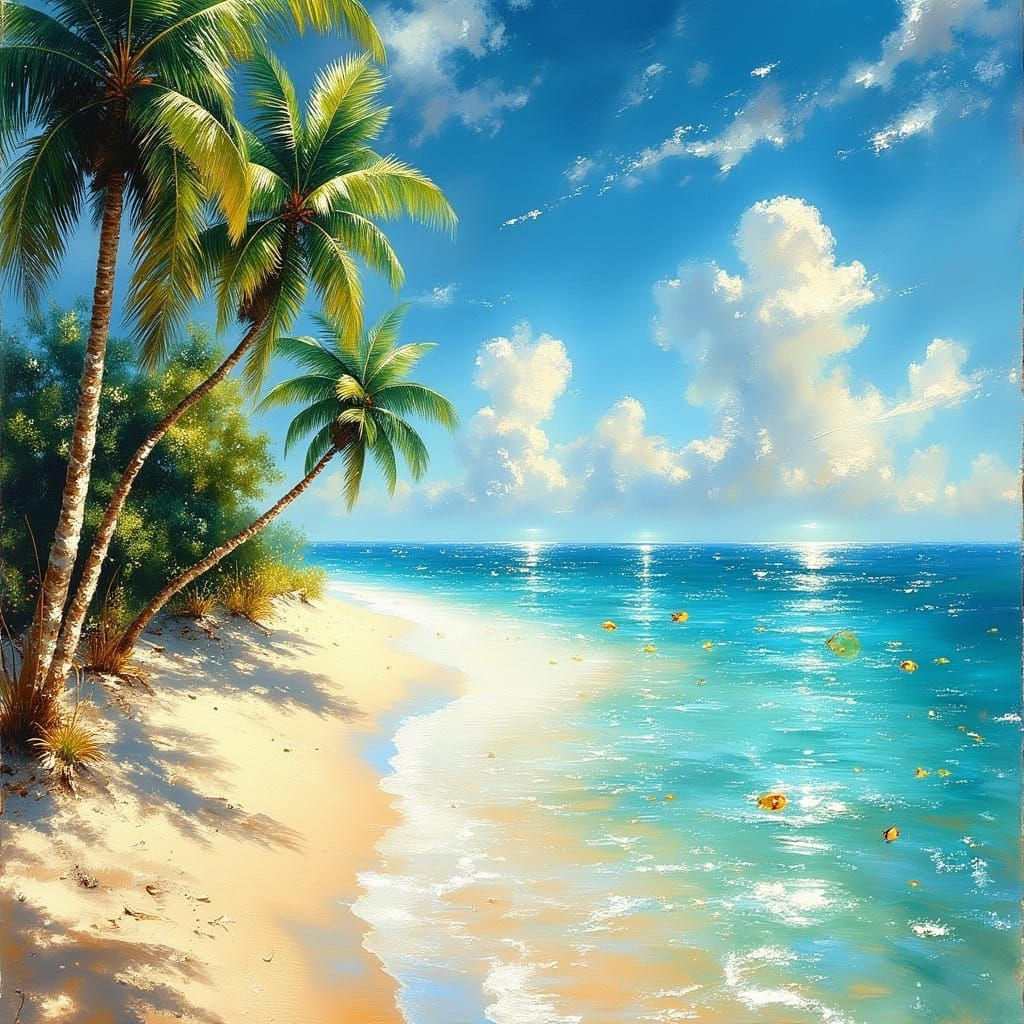 <lora:Exquisite Flux:1.0> A tropical beach with turquoise waters, white sand, and palm trees swaying in the breeze. The ...