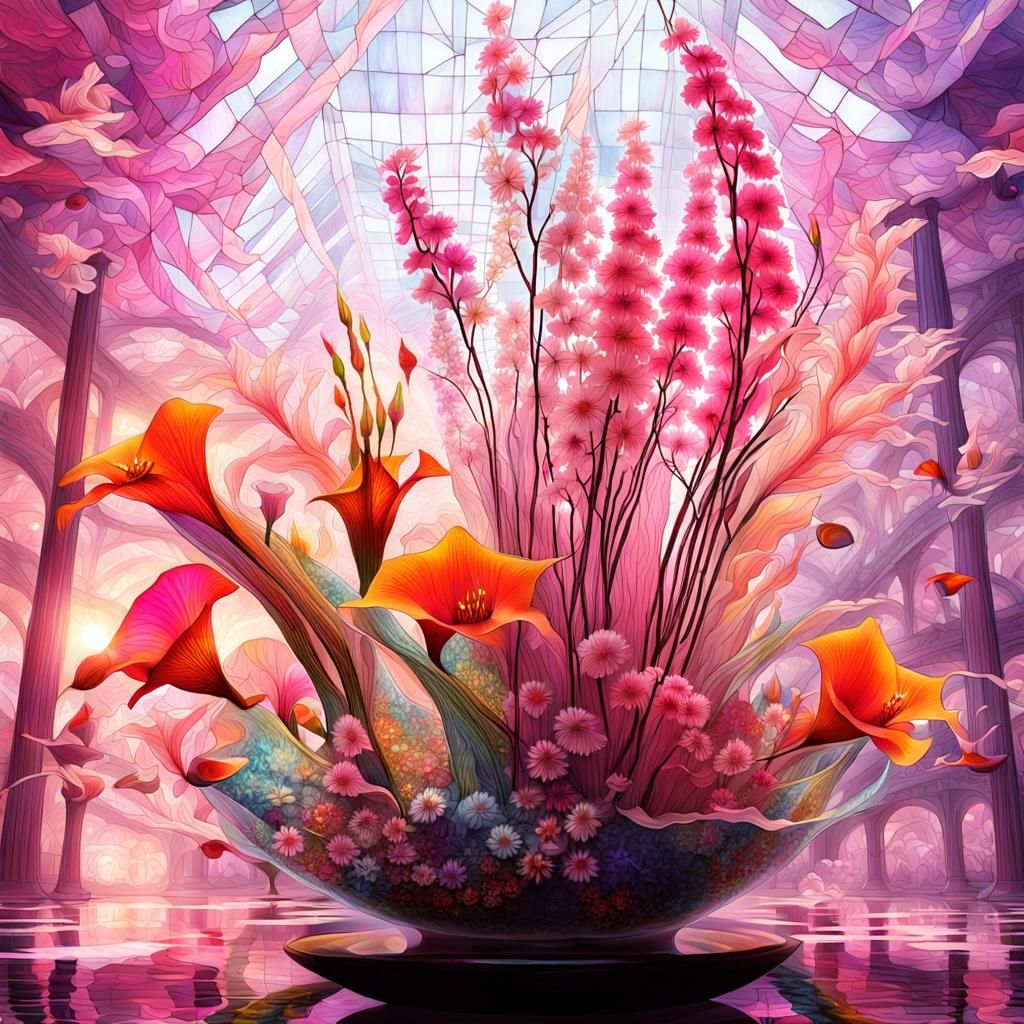 Ethereal Ikebana with Translucent Flowers and Fish