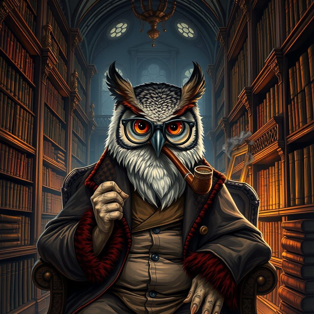 Wise Old Owl in Library, Hyper-Detailed Style