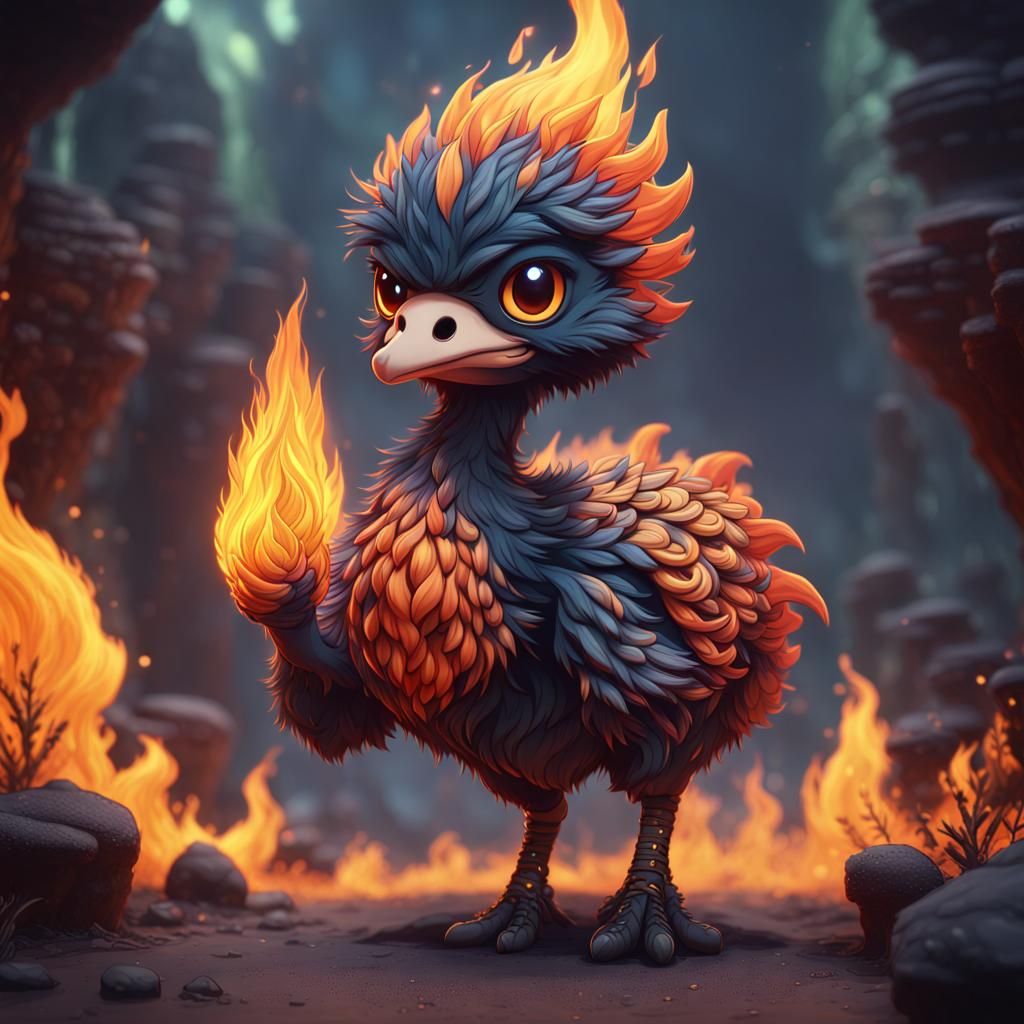 Fiery Chibi Emu: Detailed Fantasy Art