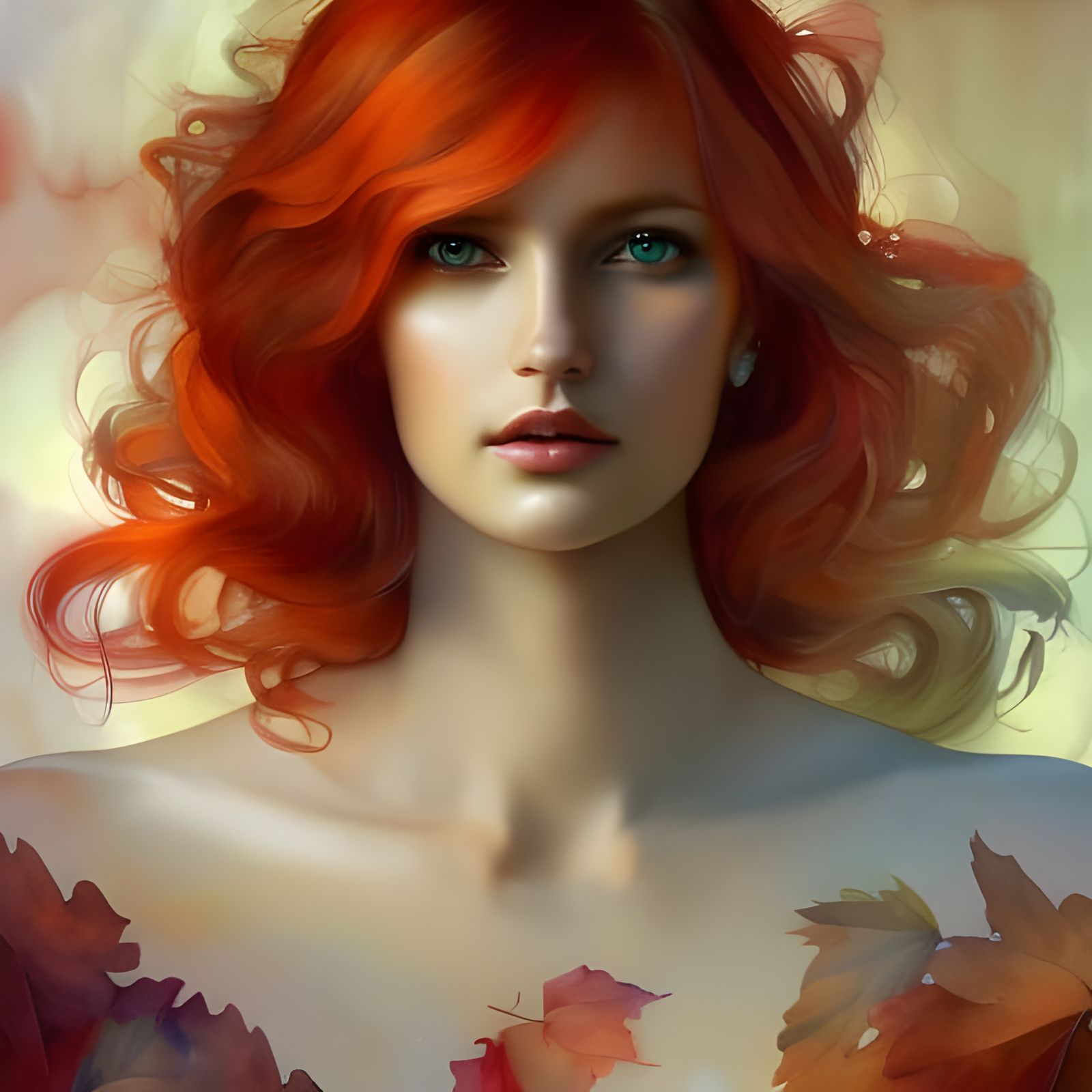 Autumn Goddess with Flowing Red Hair: Watercolour Portrait