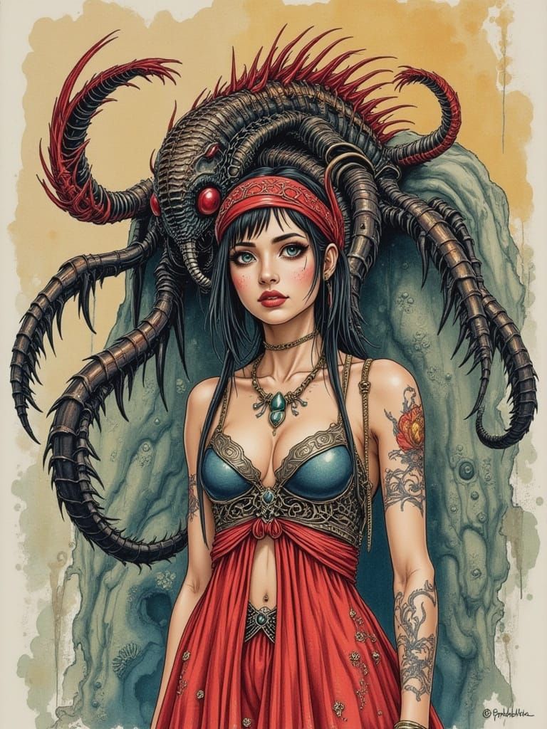 Watercolor Woman with Centipede Statue