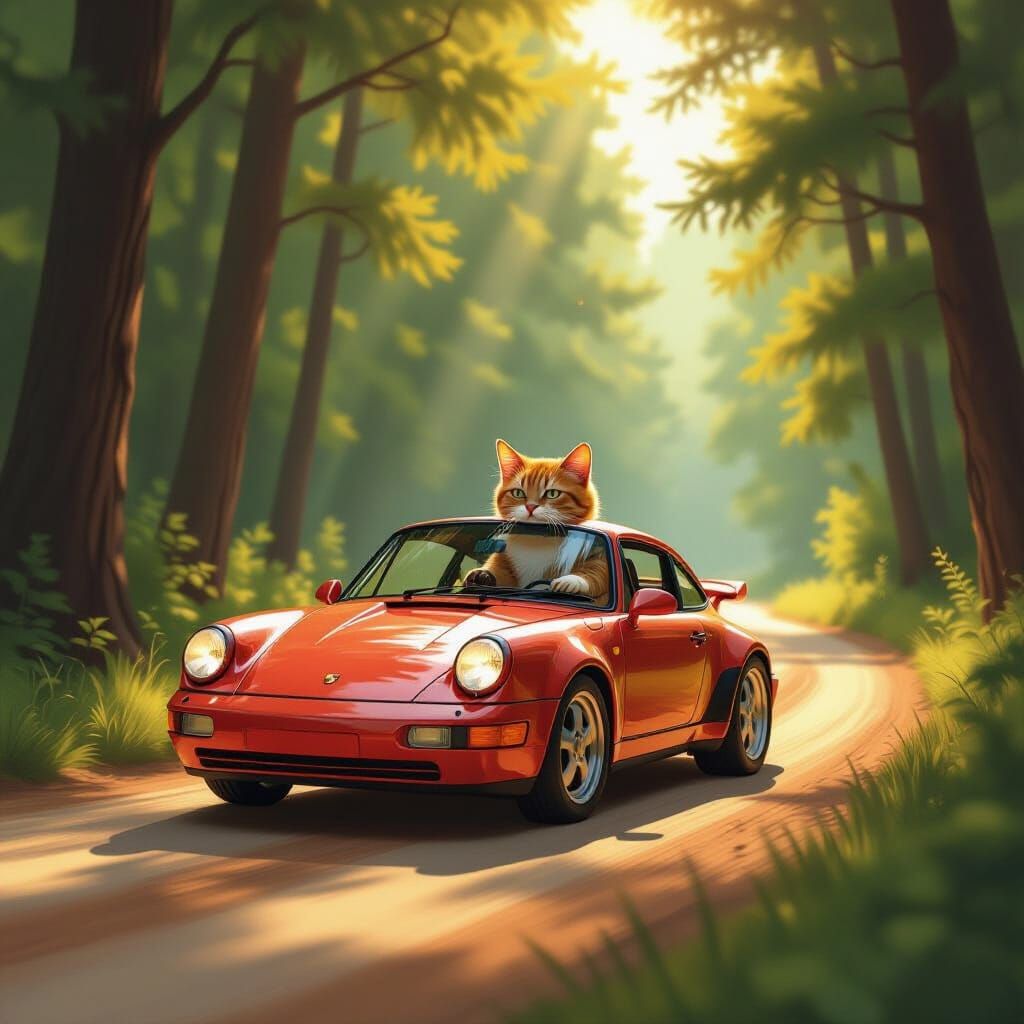 Red Tabby Cat Drives 1997 Porsche Through Forest