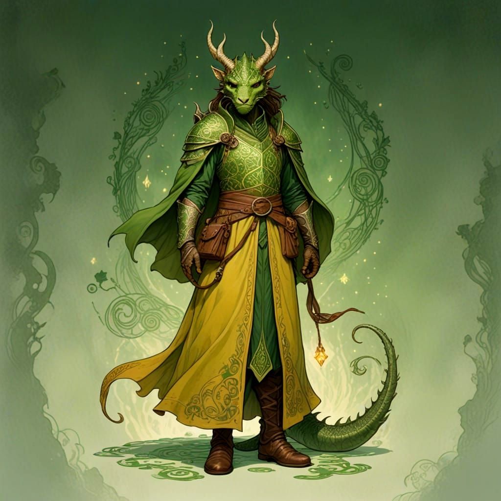 Dragonborn Wizard in Elegant Green Attire