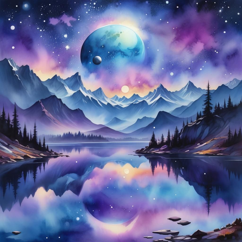 Surreal Starry Lake Reflection in Watercolor Landscape