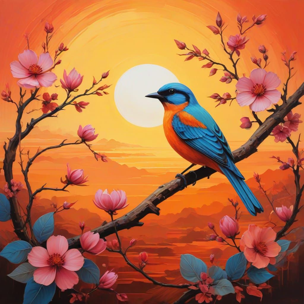 Vibrant Blossom Bird Sunset in Abstract Style