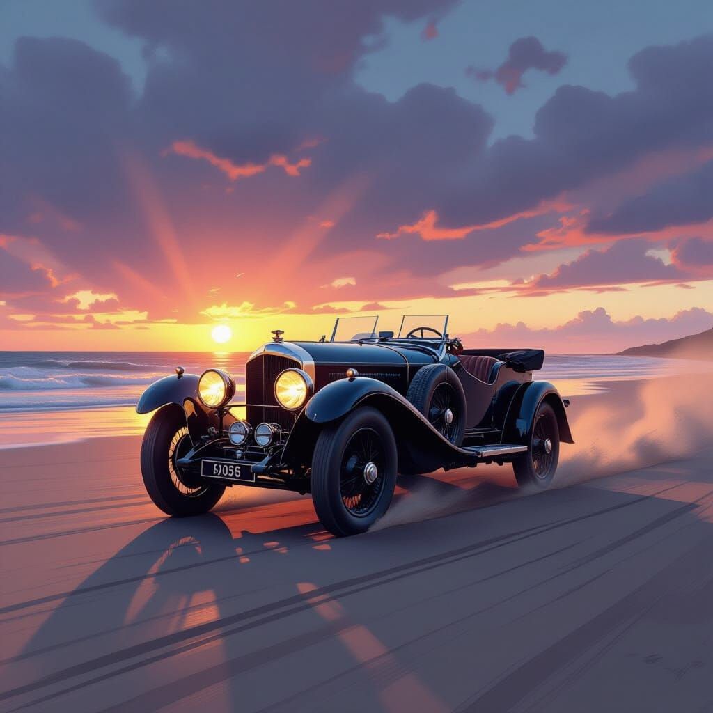 Vintage Bentley Races Sunset Beach in Hyperrealistic Matte S...