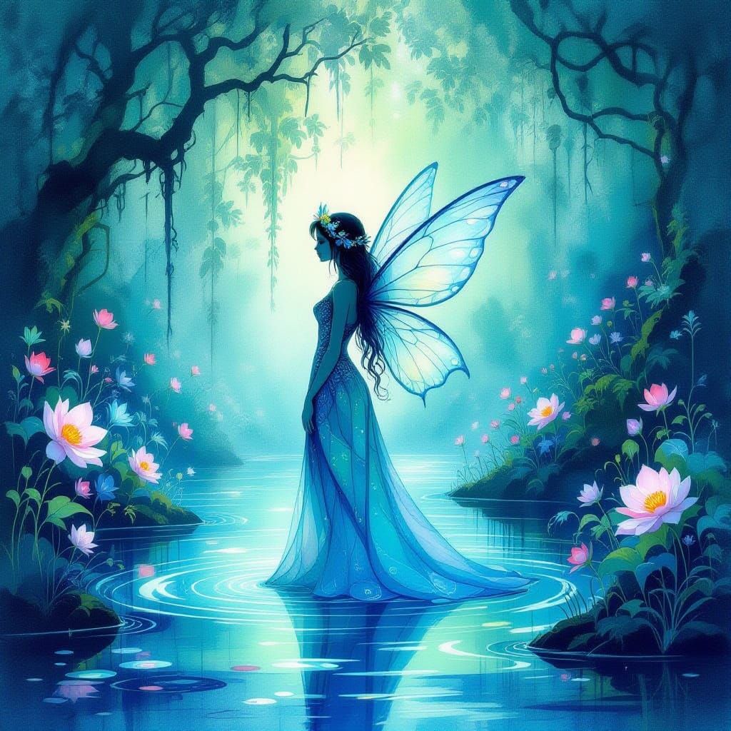 Mystical Fairy Portrait in Luminous Water Forest