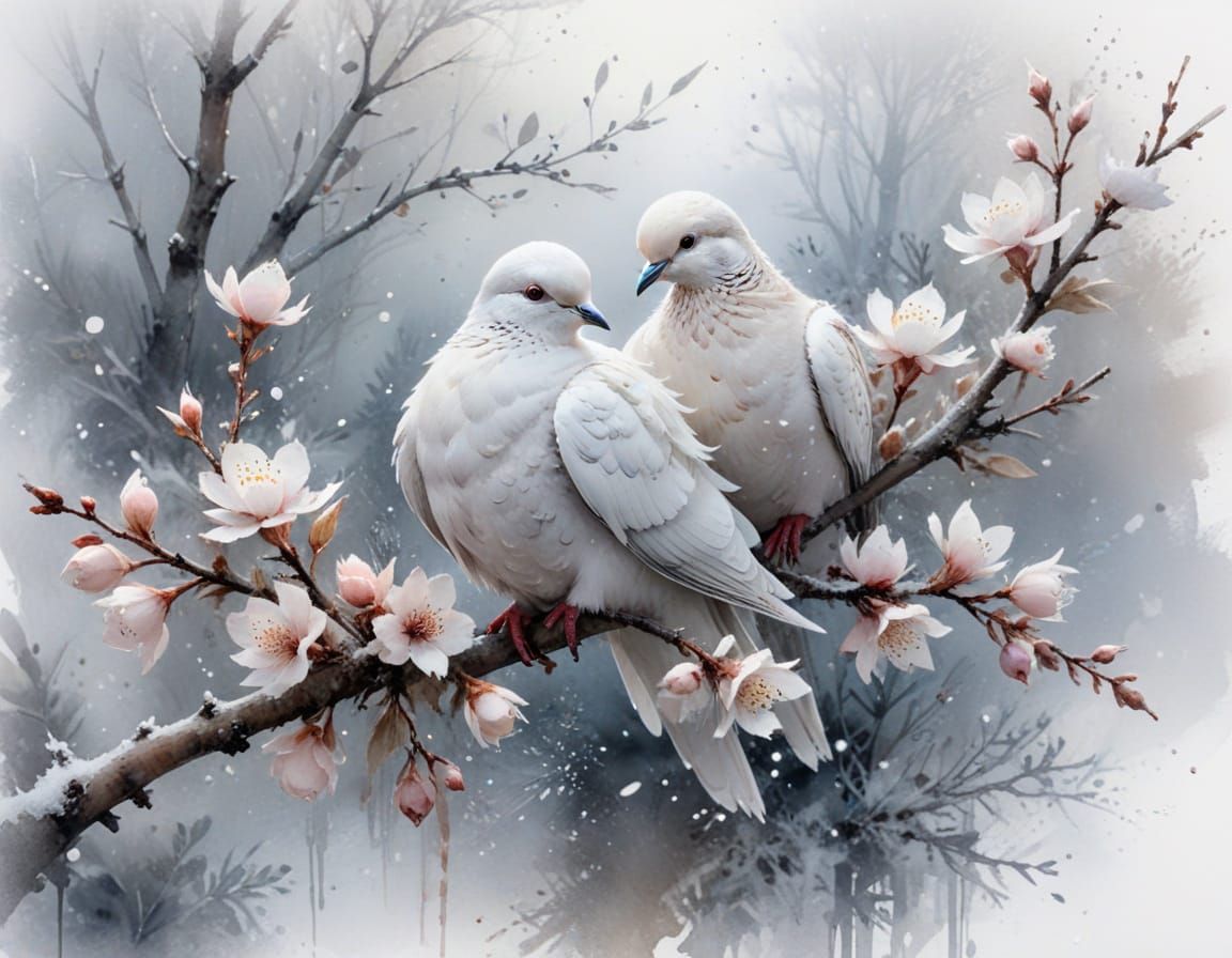 White Dove on Frosty Branch with Winter Blossoms