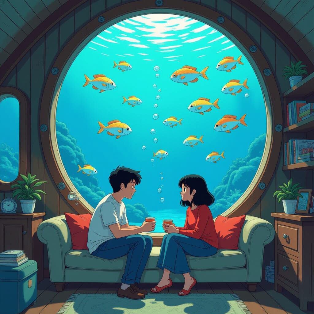Underwater Home with Fish in Miyazaki Style