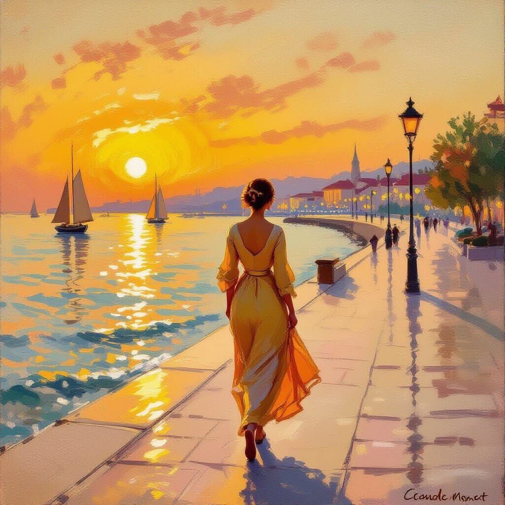 Golden Twilight Seaside Promenade in Impressionist Style