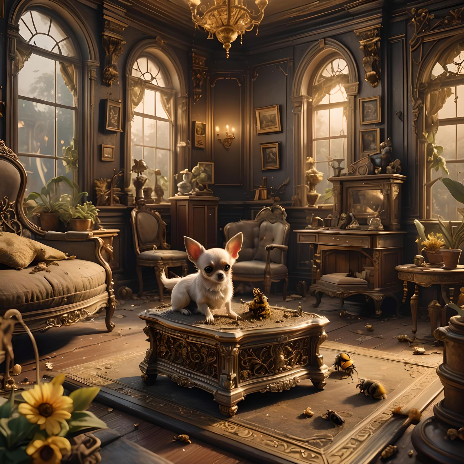 Chihuahua's Unexpected Encounter: Detailed Fantasy Art