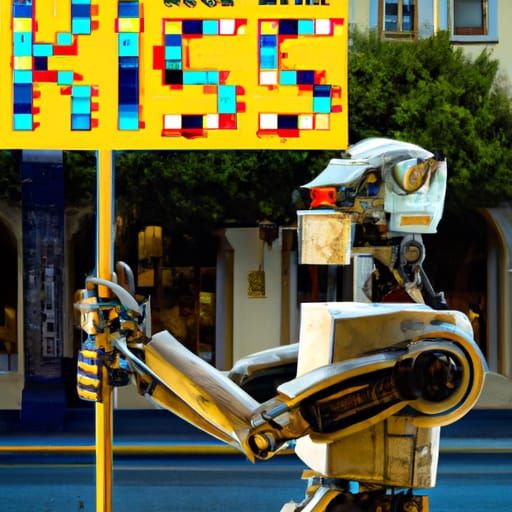 Mecha Robot Holds Kissing Booth Sign